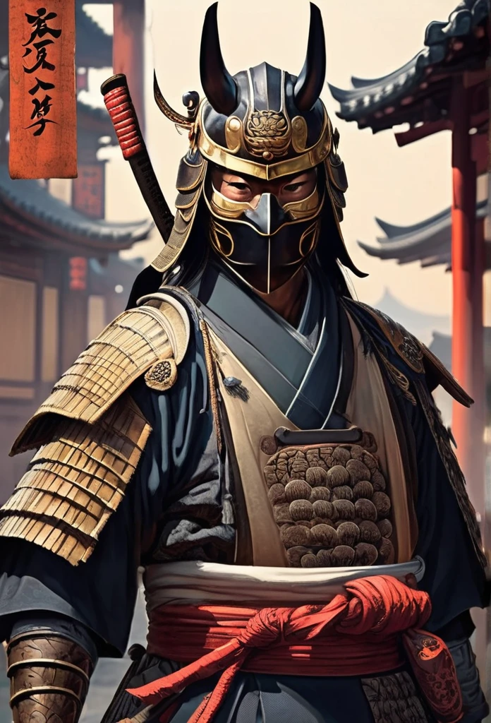 A Japanese warrior ronin with magnificent mask in portrait, the atmosphere is heavy and sad. It's very detailed and in the atmosphere of the old quarter of the time