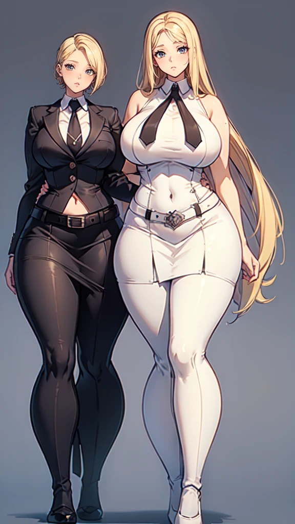 blank background, (((full body))), (masterpiece), ((best quality)), ((tall girl)), straight hair (curvy:1.7), (short skirt), shoes, belt below navel, blonde,  (black suit and tie), wide hips