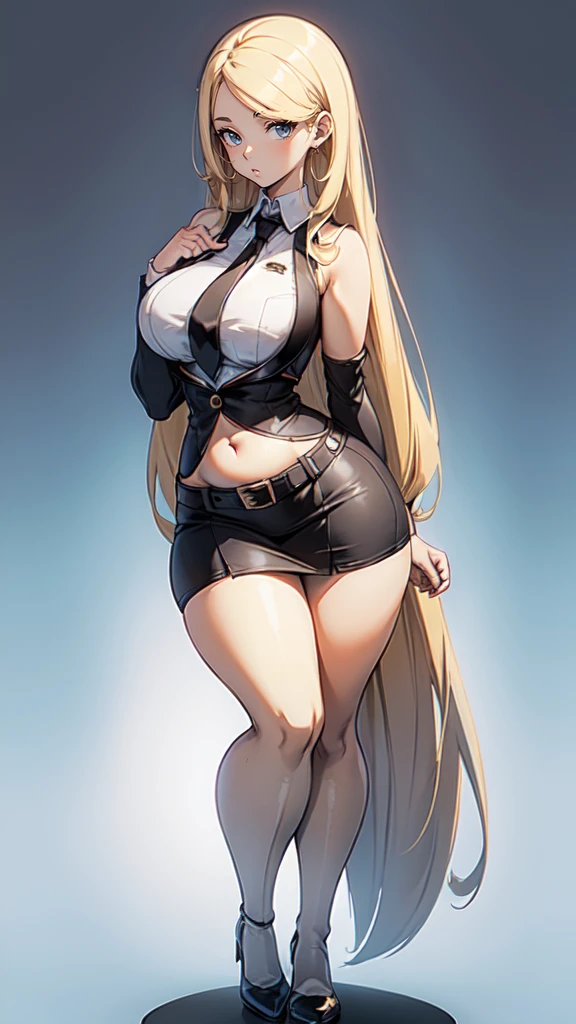 blank background, (((full body))), (masterpiece), ((best quality)), ((tall girl)), straight hair (curvy:1.7), (short skirt), shoes, belt below navel, blonde,  (black suit and tie), wide hips