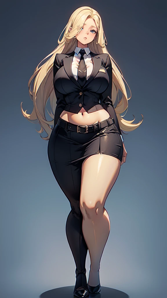 blank background, (((full body))), (masterpiece), ((best quality)), ((tall girl)), straight hair (curvy:1.7), (short skirt), shoes, belt below navel, blonde,  (black suit and tie), wide hips