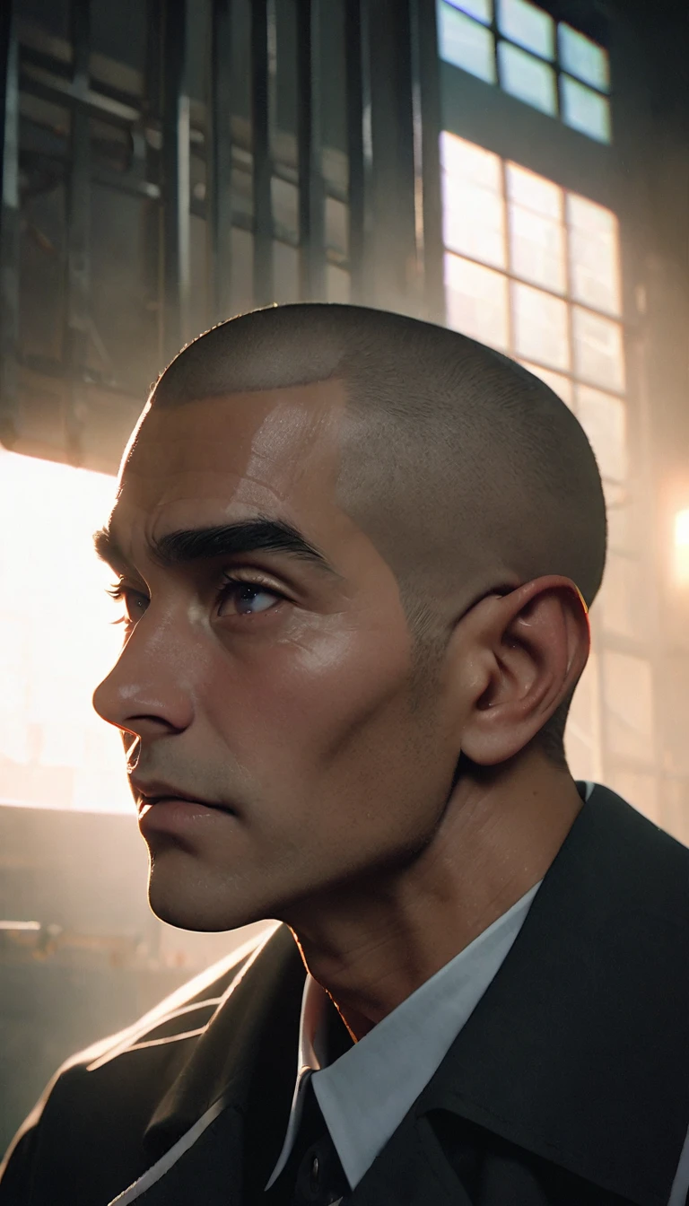 (8K, RAW photos, best quality, masterpiece: 1.4), (((关在Jail的Middle-aged men)))，Ultra-high resolution, Extremely detailed, light, Upper body close-up, Middle-aged men, black eyes, (delicate eyes, Eyes are bright:1.2), Black buzz cut, Fair skin,dark, Prison uniform,(perfect ???????:1.2), High-quality shadows, Natural Lighting, (White highlights:1.2), night, cloudy day, (Jail:1.2), (Frustration:1.2)