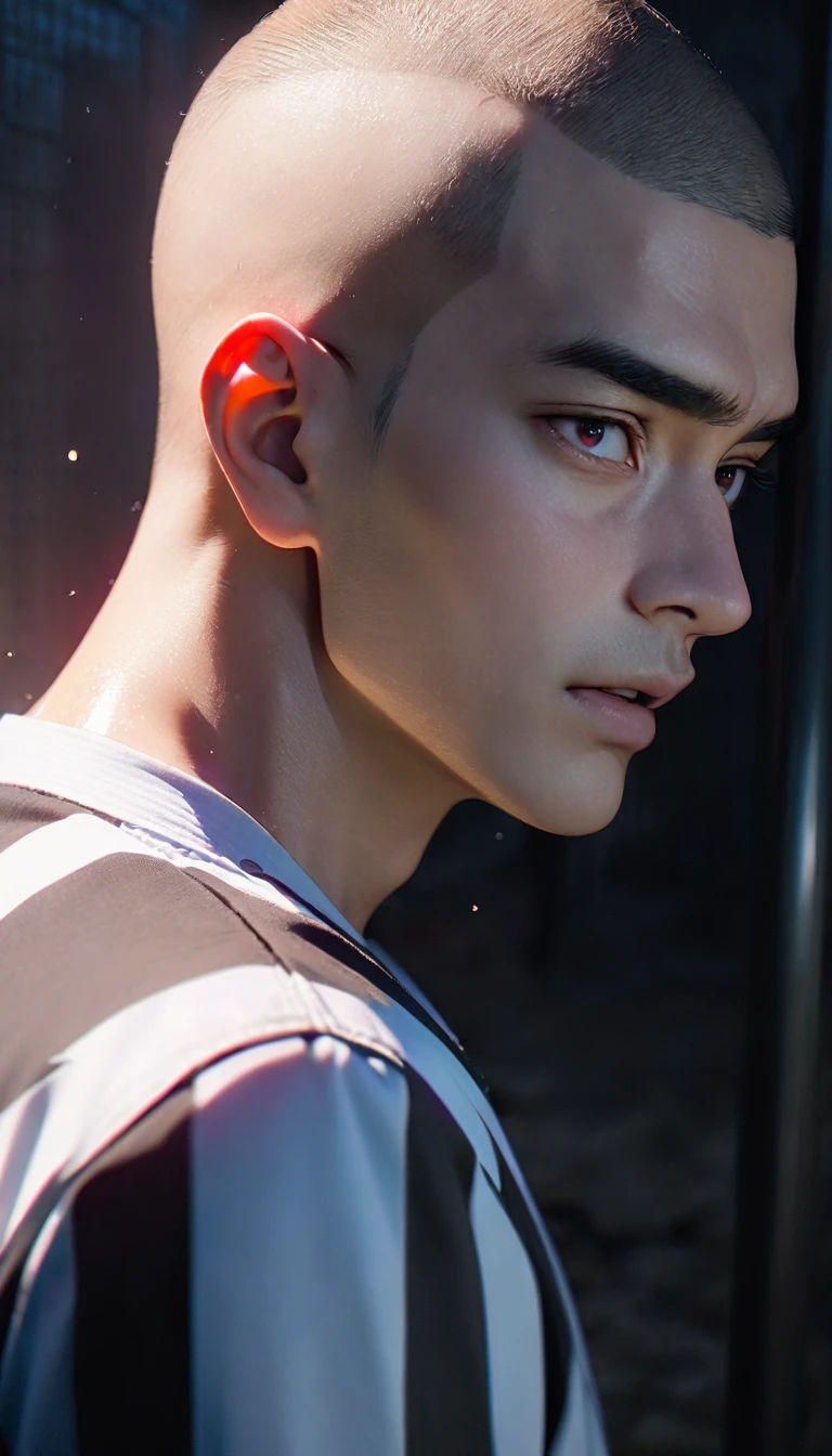 (8K, RAW photos, best quality, masterpiece: 1.4), (((关在Jail的Middle-aged men))),Ultra-high resolution, Extremely detailed, light, Upper body close-up, Middle-aged men, black eyes, (delicate eyes, Eyes are bright:1.2), Black buzz cut, Fair skin,dark, Prison uniform,(perfect anatomy:1.2), High-quality shadows, Natural Lighting, (White highlights:1.2), night, cloudy day, (Jail:1.2), (Frustration:1.2)