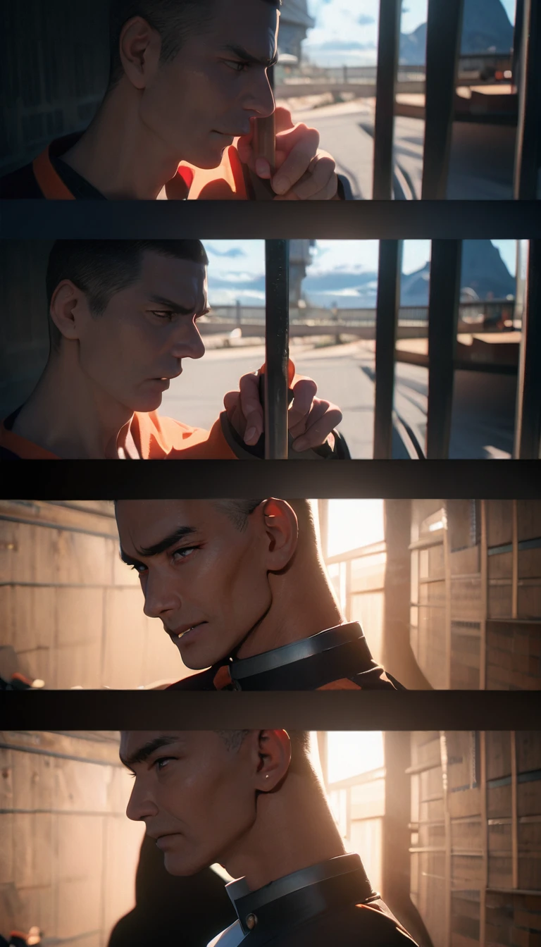 (8K, RAW photos, best quality, masterpiece: 1.4), (((关在Jail的Middle-aged men)))，Ultra-high resolution, Extremely detailed, light, Upper body close-up, Middle-aged men, black eyes, (delicate eyes, Eyes are bright:1.2), Black buzz cut, Fair skin,dark, Prison uniform,(perfect anatomy:1.2), High-quality shadows, Natural Lighting, (White highlights:1.2), night, cloudy day, (Jail:1.2), (Frustration:1.2)