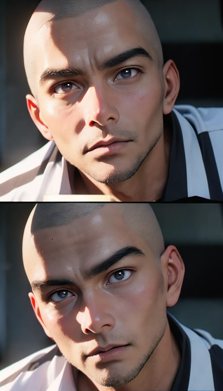(8K, RAW photos, best quality, masterpiece: 1.4), (((关在Jail的Middle-aged men))),Ultra-high resolution, Extremely detailed, light, Upper body close-up, Middle-aged men, black eyes, (delicate eyes, Eyes are bright:1.2), Black buzz cut, Fair skin,dark, Prison uniform,(perfect anatomy:1.2), High-quality shadows, Natural Lighting, (White highlights:1.2), night, cloudy day, (Jail:1.2), (Frustration:1.2)