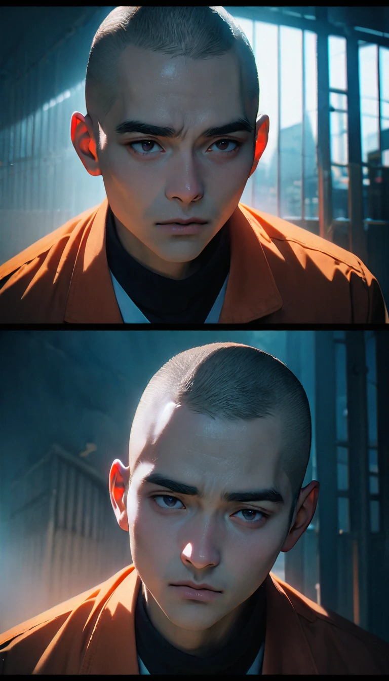 (8K, RAW photos, best quality, masterpiece: 1.4), (((关在Jail的Middle-aged men)))，Ultra-high resolution, Extremely detailed, light, Upper body close-up, Middle-aged men, black eyes, (delicate eyes, Eyes are bright:1.2), Black buzz cut, Fair skin,dark, Prison uniform,(perfect anatomy:1.2), High-quality shadows, Natural Lighting, (White highlights:1.2), night, cloudy day, (Jail:1.2), (Frustration:1.2)