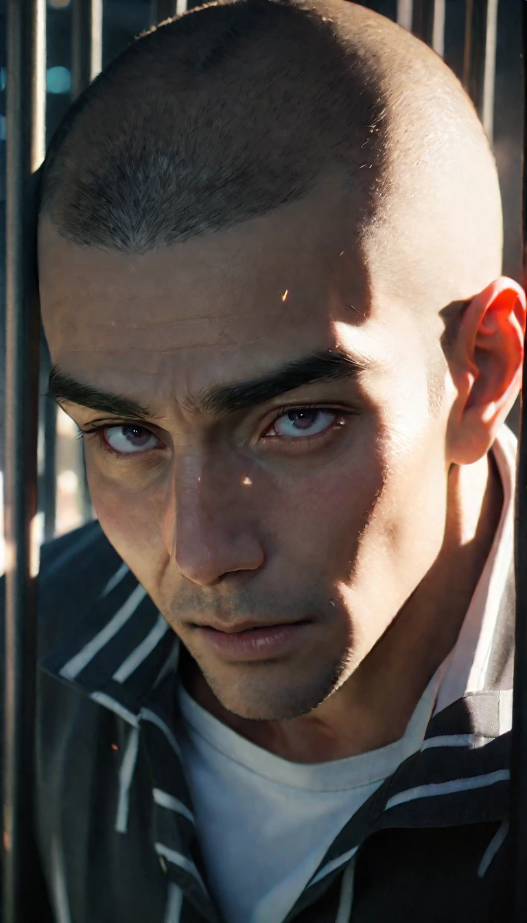 (8K, RAW photos, best quality, masterpiece: 1.4), (((关在Jail的Middle-aged men)))，Ultra-high resolution, Extremely detailed, light, Upper body close-up, Middle-aged men, black eyes, (delicate eyes, Eyes are bright:1.2), Black buzz cut, Fair skin,dark, Prison uniform,(perfect anatomy:1.2), High-quality shadows, Natural Lighting, (White highlights:1.2), night, cloudy day, (Jail:1.2), (Frustration:1.2)