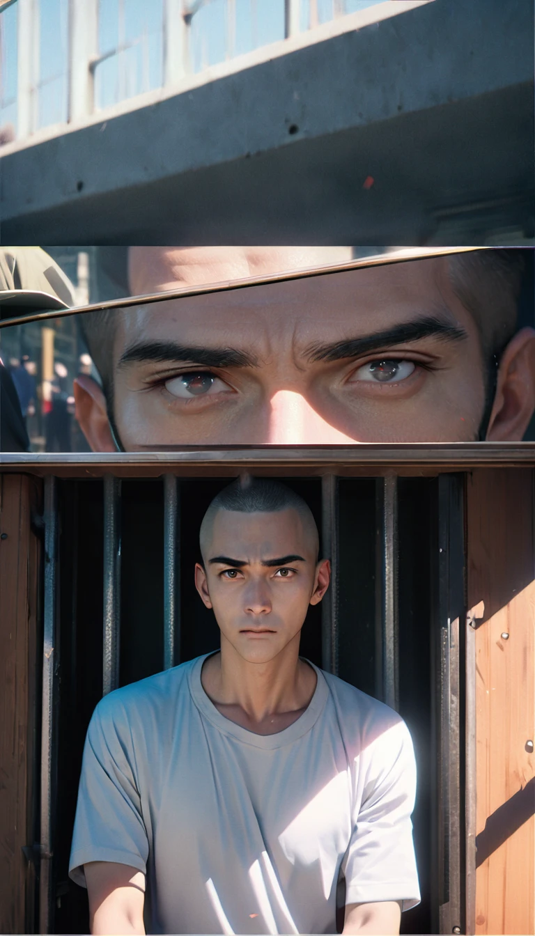 (8K, RAW photos, best quality, masterpiece: 1.4), (((关在Jail的Middle-aged men)))，Ultra-high resolution, Extremely detailed, light, Upper body close-up, Middle-aged men, black eyes, (delicate eyes, Eyes are bright:1.2), Black buzz cut, Fair skin,dark, Prison uniform,(perfect anatomy:1.2), High-quality shadows, Natural Lighting, (White highlights:1.2), night, cloudy day, (Jail:1.2), (Frustration:1.2)