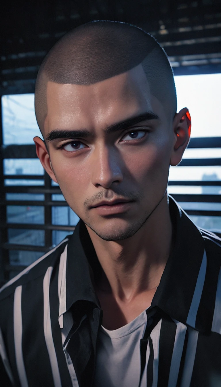 (8K, RAW photos, best quality, masterpiece: 1.4), (((关在Jail的Middle-aged men))),Ultra-high resolution, Extremely detailed, light, Upper body close-up, Middle-aged men, black eyes, (delicate eyes, Eyes are bright:1.2), Black buzz cut, Fair skin,dark, Prison uniform,(perfect anatomy:1.2), High-quality shadows, Natural Lighting, (White highlights:1.2), night, cloudy day, (Jail:1.2), (Frustration:1.2)
