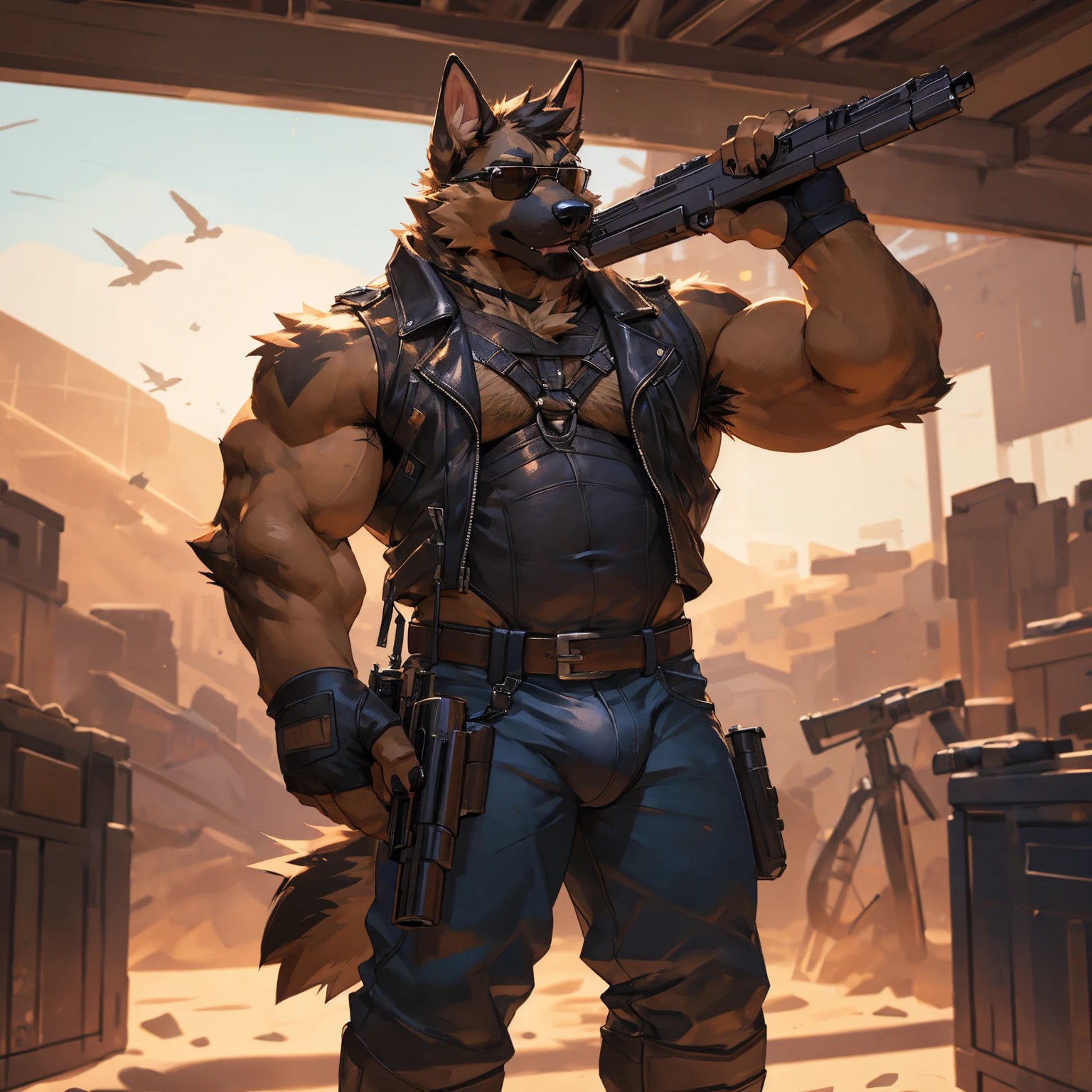 Solo, male, medium muscular, german shepherd, dog, biker, hairy chest, furry chest hair, shirtless, leather vest, blue jeans, leather chest harness, gun holster, gun, leather fingerless gloves, combat boots, boots, cigar, cigar in mouth, nipple piercing ((focus body, furry focus, shades focus, body shades)) nice body, standing, holding gun, holding a large caliber pistol, desert eagle, .50 handgun, aiming gun, armpit, armpit hair, bulge, nsfw, model, light, shades, 4k, high quality ((( gun range background, inside))), by darkgem, by mystikfox61