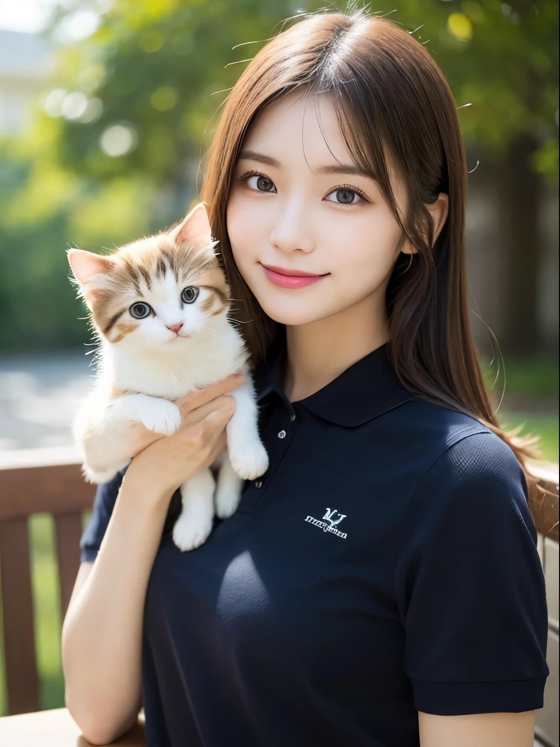 On the table, Highest quality, realism, Fine details, High resolution, 8k wallpaper, Perfect dynamic composition, Beautiful and delicate eyes, Medium Straight Hair, Casual and sexy pose,Random Situation、Holding a kitten、Wearing a polo shirt、(Beautiful breasts overflowing 1.3)、Bright smile、Bokeh、nature、Age 25、(Droopy Eyes 1.3)、Adult Beauty、Japanese