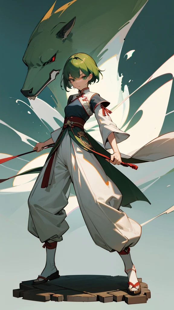 (Artwork, Highest quality, Facial details, Very redundant, Advanced Details, Highest quality, High resolution, 8K) frontを向いている、Green Hair、Her hair is short、small breast、upright stance、full body、Fighter、Uniform、Chinese Knight、Chinese style、White background、Simple Background、 exposure、China dress、pants、band、front、White clothes、Kung Fu、slender