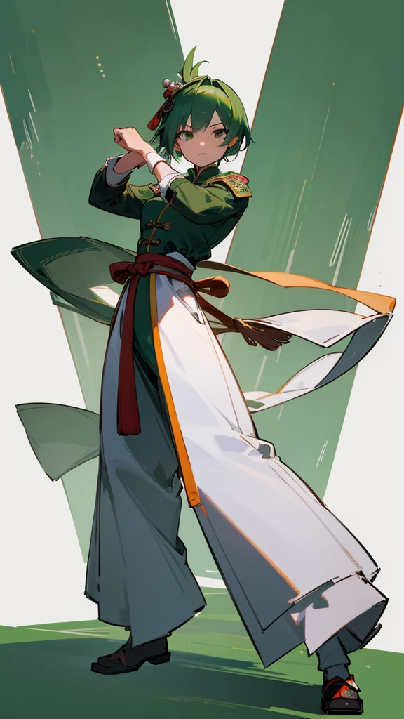 (Artwork, Highest quality, Facial details, Very redundant, Advanced Details, Highest quality, High resolution, 8K) frontを向いている、Green Hair、Her hair is short、small breast、upright stance、full body、Fighter、Uniform、Chinese Knight、Chinese style、White background、Simple Background、 exposure、China dress、pants、band、front、White clothes、Kung Fu、slender