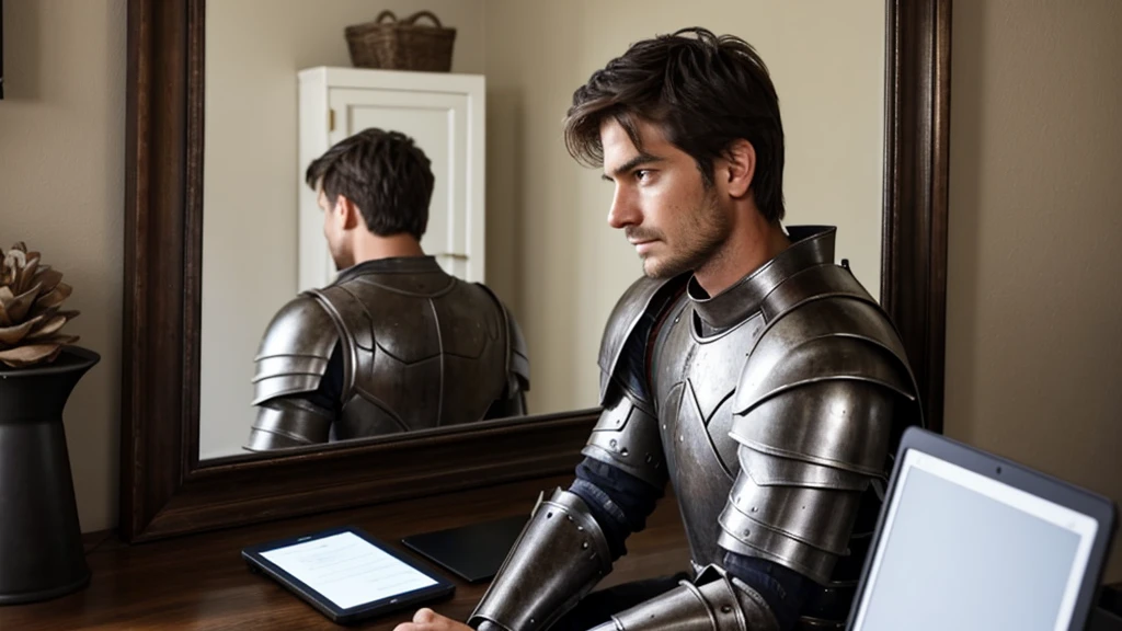 A person sits in front of the laptop and looks at himself in the mirror. He is wearing armor in the mirror and his face is clean. Outside the mirror, he is wearing shabby clothes and his face is very sloppy.