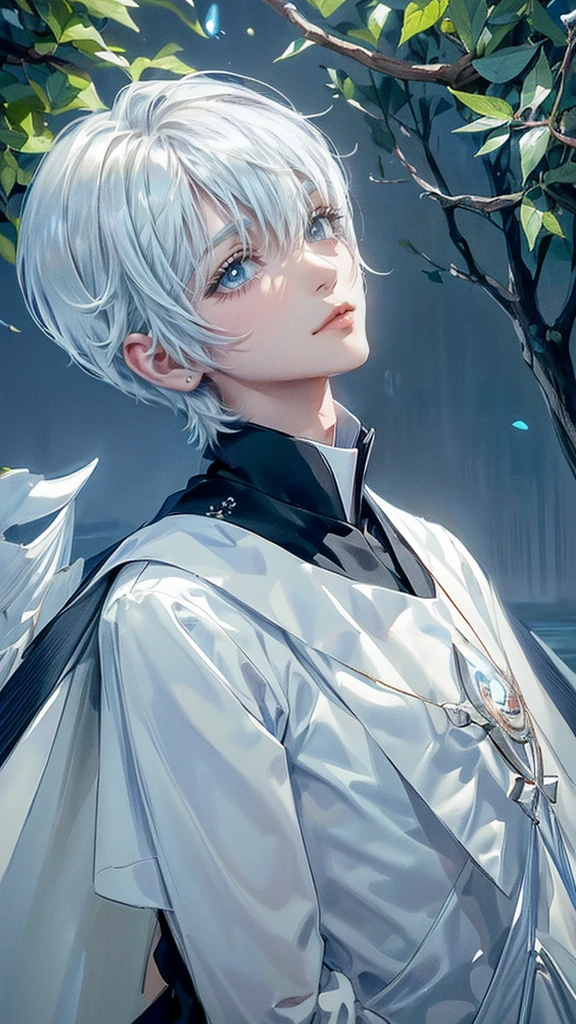 ((4K works))、​masterpiece、(top-quality)、One beautiful boy、Slim body、tall、((Black  priest's uniform ))、(Detailed beautiful eyes)、Tranquility Lake , Trees and serene fountains that finely depict the landscape of the garden's sanctuary、((Short-haired white hair))、((Smaller face))、((Neutral face))、((Bright blue eyes))、((Like a celebrity))、((Crying expression))、((sad look))、((Korean Makeup))、((elongated and sharp eyes))、((Happy dating))、((boyish))、((Upper body photography))、Professional Photos、((Shot alone))、((He is looking up at the sky under the roof))、((Shot from the side))、((Face crying in pain))、((He is looking upwards))、((His eyes are looking down))、
