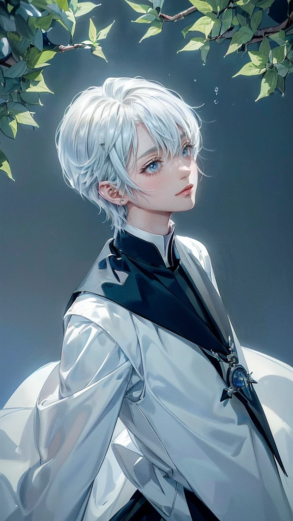 ((4K works))、​masterpiece、(top-quality)、One beautiful boy、Slim body、tall、((Black  priest's uniform ))、(Detailed beautiful eyes)、Tranquility Lake , Trees and serene fountains that finely depict the landscape of the garden's sanctuary、((Short-haired white hair))、((Smaller face))、((Neutral face))、((Bright blue eyes))、((Like a celebrity))、((Crying expression))、((sad look))、((Korean Makeup))、((elongated and sharp eyes))、((Happy dating))、((boyish))、((Upper body photography))、Professional Photos、((Shot alone))、((He is looking up at the sky under the roof))、((Shot from the side))、((Face crying in pain))、((He is looking upwards))、((His eyes are looking down))、
