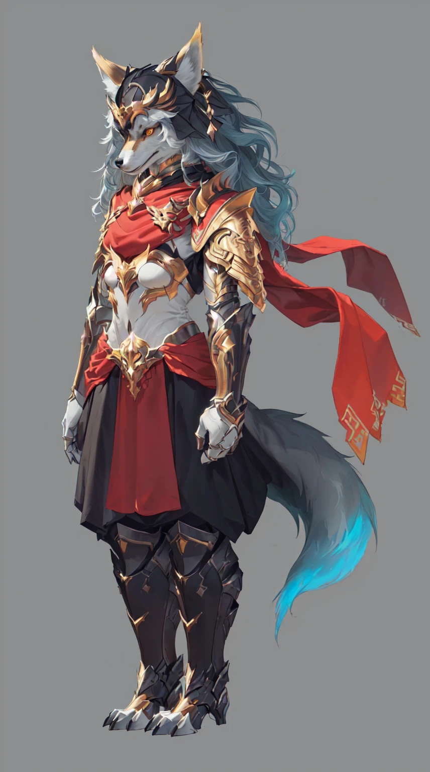 Close-up of a person wearing a costume with a wolf, Fox-inspired armor, detailed Whole body concept, Whole body concept, Female anthropomorphic wolf, detailed Whole body concept art, Anthropomorphic wolf man, Anthropology Concept Art, Concept art style, Wolf Armor, Full body character concept, Furry Characters, Detailed character art