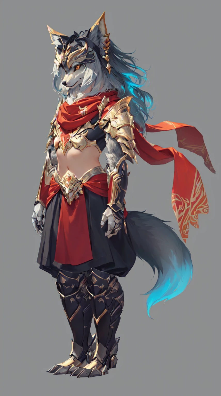 Close-up of a person wearing a costume with a wolf, Fox-inspired armor, detailed Whole body concept, Whole body concept, Female anthropomorphic wolf, detailed Whole body concept art, Anthropomorphic wolf man, Anthropology Concept Art, Concept art style, Wolf Armor, Full body character concept, Furry Characters, Detailed character art