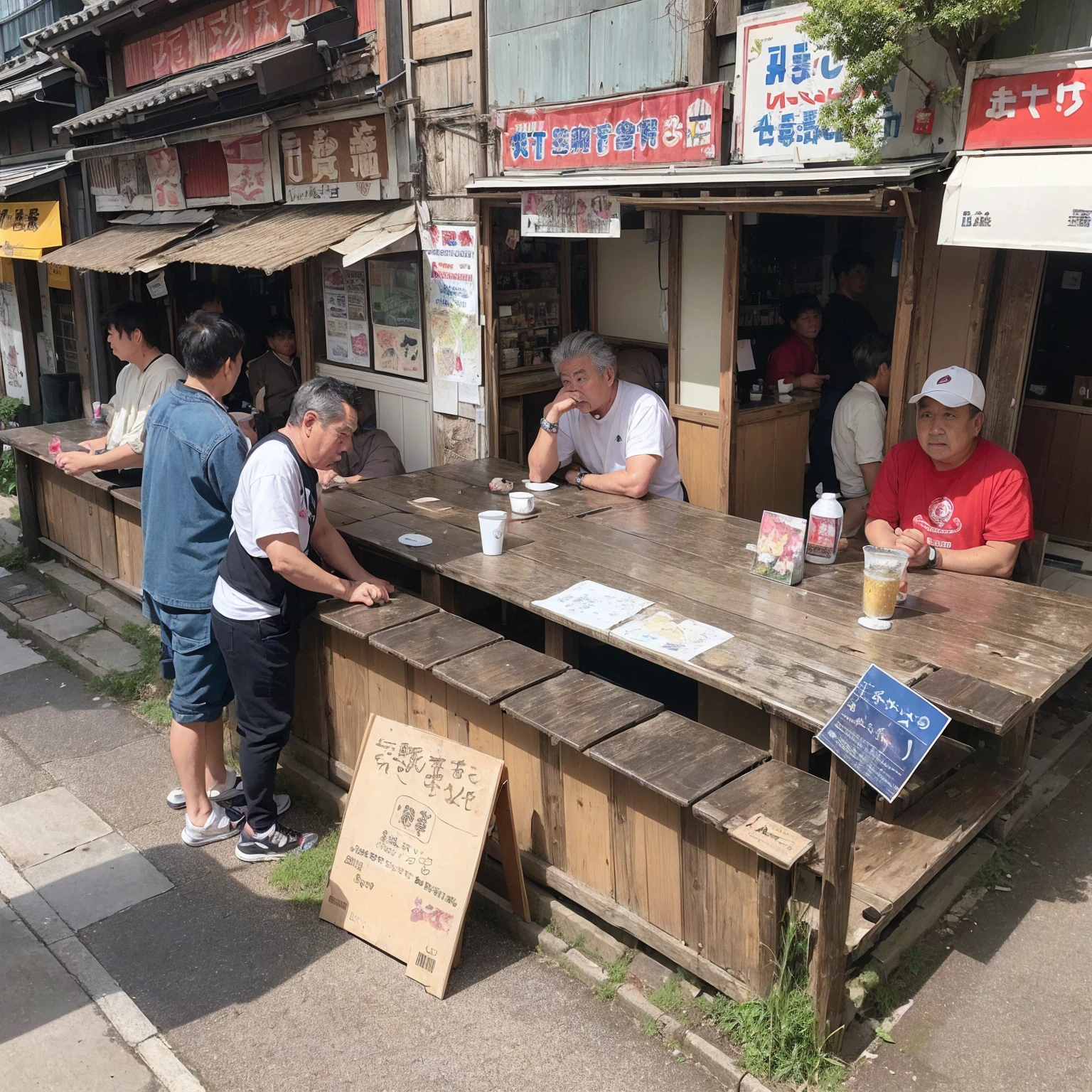 
(masterpiece: 1.2, highest quality), snap shot, Japan's poor neighborhoods, Good old Japanese townscape、Poor conditions, (Dirty middle-aged man、Men gathering at a bar)、Dirty and old store、Showa Retro、Playing with friends on the street、Have fun eating and drinking with friends,