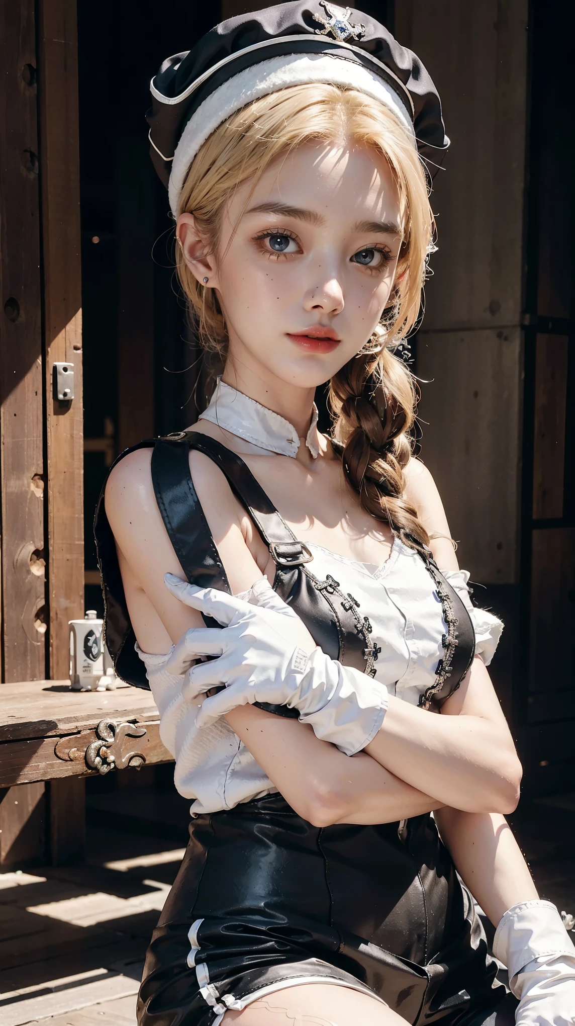 z23,, textured skin, 8k, beautiful detailed eyes, cinematic lighting, beautiful detailed face, ultra-detailed, world masterpiece theater, cinematic lighting,, 1girl, solo, blonde hair, purple eyes, hair bow, white shirt, beret, bare shoulders, gloves, iron cross, bike shorts, :d, armband, white gloves, cowboy shot,