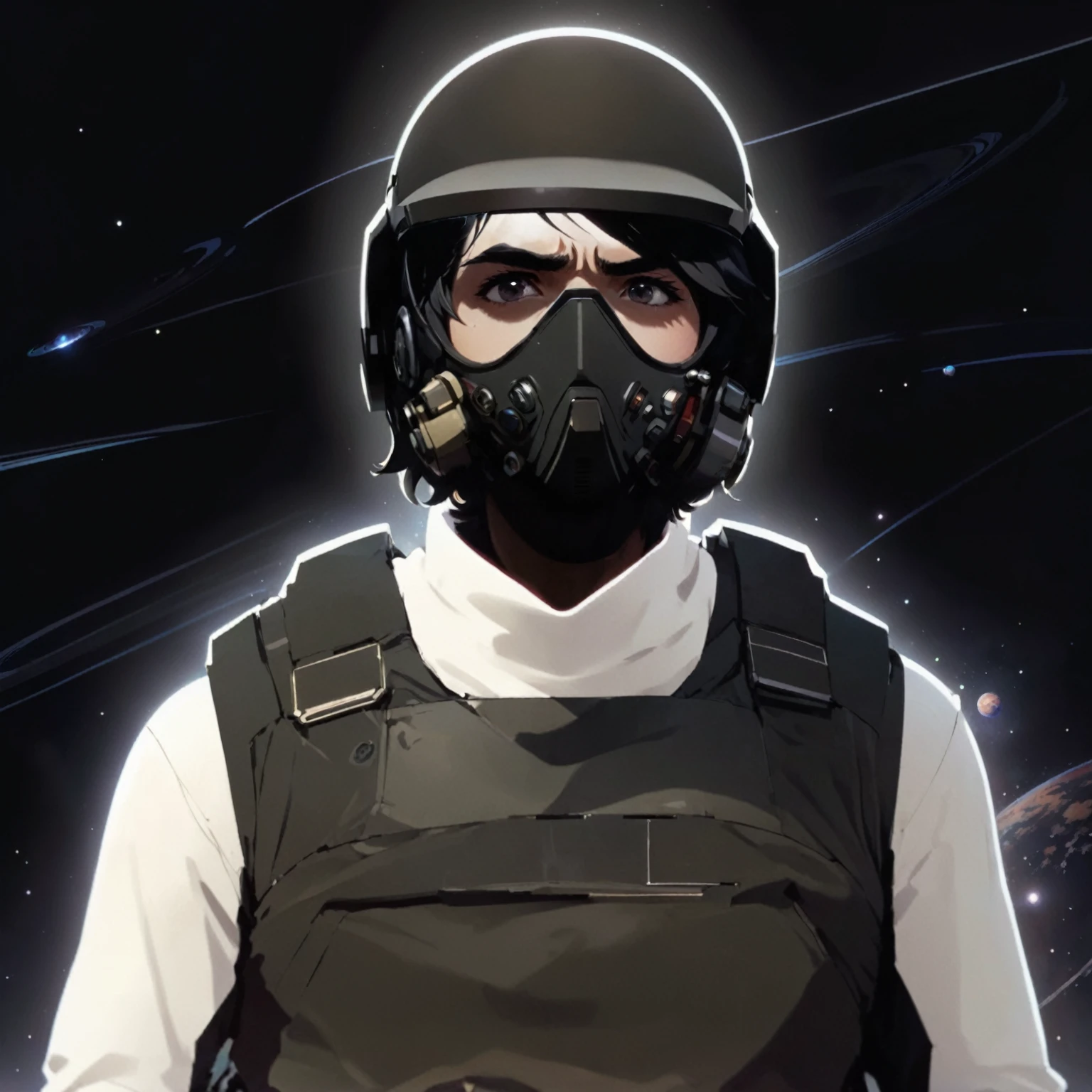Anime guy sitting on the floor looking at the planet, space cowboy, cyber space cowboy, inspired by Josan González, makoto shinkai ( apex legends ), akira art style, ross tran style, akira vibes, akira art style, floating alongside the planets, josan gonzales, sci - fi art!!!!!!!, josan gonzales!!!, in space, Modern sci-fi anime  