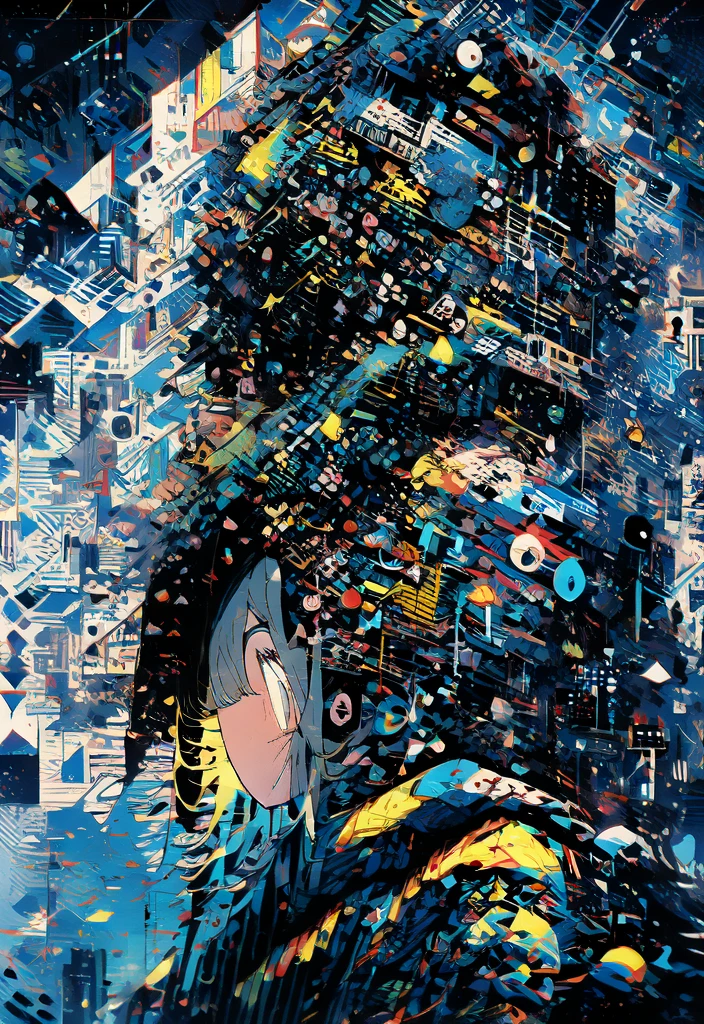 masterpiece, (beautiful and aesthetic:1.5), surrealism, highly detailed, anime, a side view painting of 1girl, wearing multicolored hoodie, blonde long hair, green eyes, red and dark blue color pallet, hard brush, gradient binary code effect, minimalist low poly collage illustration, paintings effect, heavy inking, featured on pixiv, saturated colors, hypercube, pixelsort, epic composition, epic proportion, dynamic lighting, HD