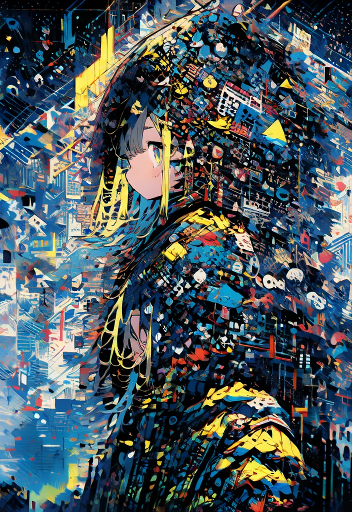 masterpiece, (beautiful and aesthetic:1.5), surrealism, highly detailed, anime, a side view painting of 1girl, wearing multicolored hoodie, blonde long hair, green eyes, red and dark blue color pallet, hard brush, gradient binary code effect, minimalist low poly collage illustration, paintings effect, heavy inking, featured on pixiv, saturated colors, hypercube, pixelsort, epic composition, epic proportion, dynamic lighting, HD