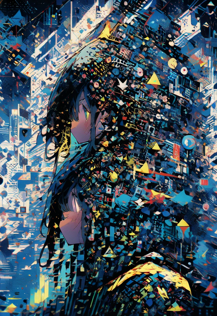 masterpiece, (beautiful and aesthetic:1.5), surrealism, highly detailed, anime, a side view painting of 1girl, wearing multicolored hoodie, blonde long hair, green eyes, red and dark blue color pallet, hard brush, gradient binary code effect, minimalist low poly collage illustration, paintings effect, heavy inking, featured on pixiv, saturated colors, hypercube, pixelsort, epic composition, epic proportion, dynamic lighting, HD