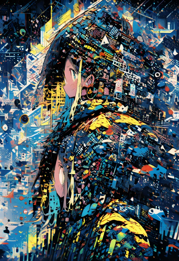 masterpiece, (beautiful and aesthetic:1.5), surrealism, highly detailed, anime, a side view painting of 1girl, wearing multicolored hoodie, blonde long hair, green eyes, red and dark blue color pallet, hard brush, gradient binary code effect, minimalist low poly collage illustration, paintings effect, heavy inking, featured on pixiv, saturated colors, hypercube, pixelsort, epic composition, epic proportion, dynamic lighting, HD