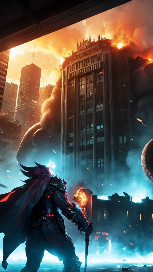 "The gigantic monster moving forward, destroying buildings in its path."2737637048