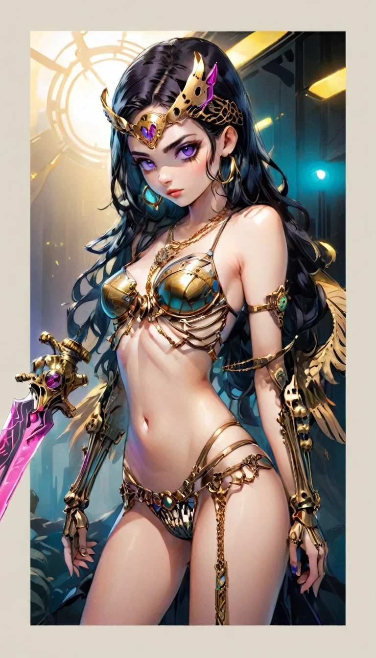 ( High quality , Ultra-detail, carefully with your hand )tarot card, chiaroscuro technique on sensual illustration of an queen of sword, a age fashion model wearing an exo-skeleton mask, vibrant colors, futuristic cyberpunk style, intricate details, cinematic lighting, dramatic pose, an elegant complex bio mechanical onyx and gold, intricate details, official art, unity 8k wallpaper, ultra detailed, beautiful and aesthetic, (in a room with black walls illuminated by violet neon lights :1.1)