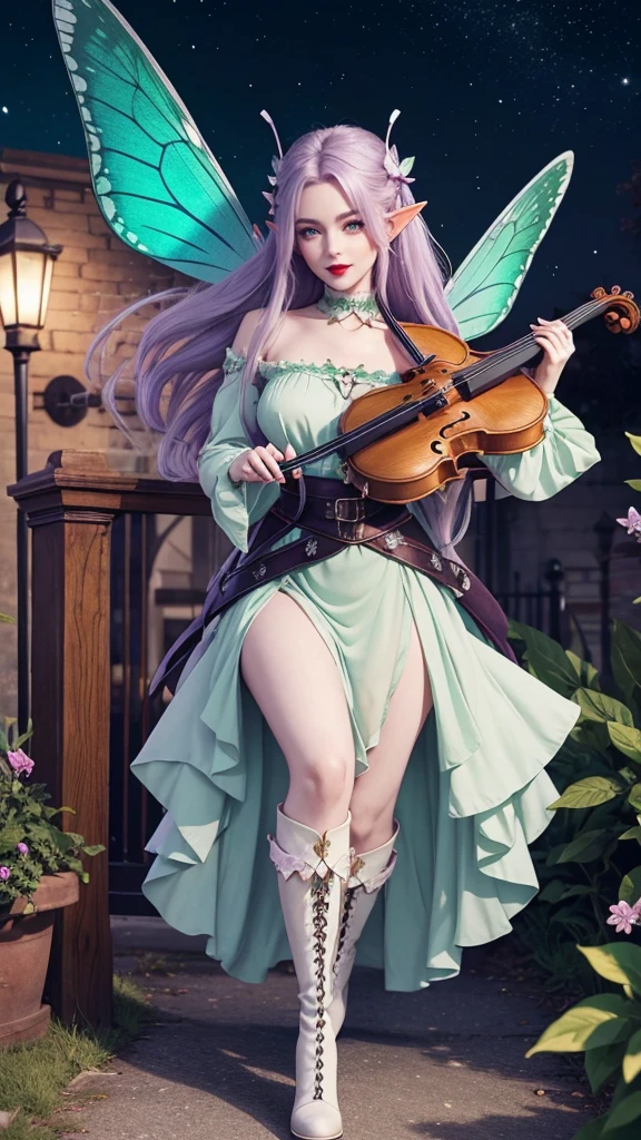 Irish woman, anime, modest, beautiful, high quality, night, 8k, long waist length light pale purple hair, green eyes, red lips, eyelashes, long victorian white dress, boots, elf ears, large colorful butterfly fairy wings, violin