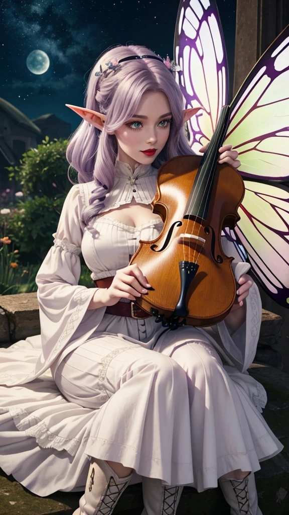 Irish woman, anime, modest, beautiful, high quality, night, 8k, long waist length light pale purple hair, green eyes, red lips, eyelashes, long victorian white dress, boots, elf ears, large colorful butterfly fairy wings, violin