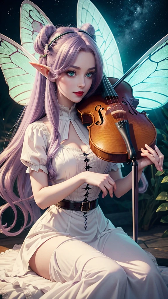 Irish woman, anime, modest, beautiful, high quality, night, 8k, long waist length light pale purple hair, green eyes, red lips, eyelashes, long victorian white dress, boots, elf ears, large colorful butterfly fairy wings, violin