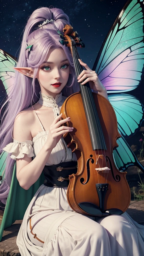 Irish woman, anime, modest, beautiful, high quality, night, 8k, long waist length light pale purple hair, green eyes, red lips, eyelashes, long victorian white dress, boots, elf ears, large colorful butterfly fairy wings, violin