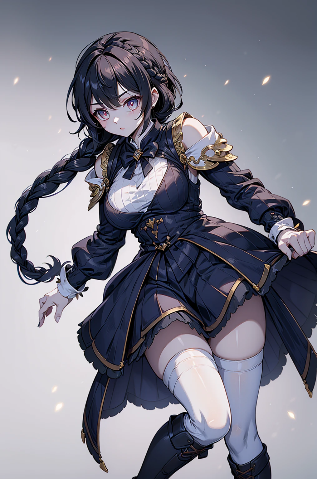 Correct body proportions，Golden ratio，braid，braid，braid，braid，Braid，单侧braid，单条braid，Dress，蓝色Dress，Blue skirt，Off-shoulder装，Off-shoulder，Black Hair，Black Hair，Golden Eyes，Golden pupils，Golden Eyes，Golden Eyes，Golden pupils，White lace trim，White knee socks，White garter stockings，White knee socks，White socks，White tights，White Silk，Waist，Waist，Waist，Black boots，Black boots，Sassy，Handsome，murderous，murderous，Vicious，cool girl，Mature girl，Busty girl，Fantasy style，Fantasy style，Close-up above the waist，Big breasts，Big breasts，Fantasy style，Dark Style，Gothic style