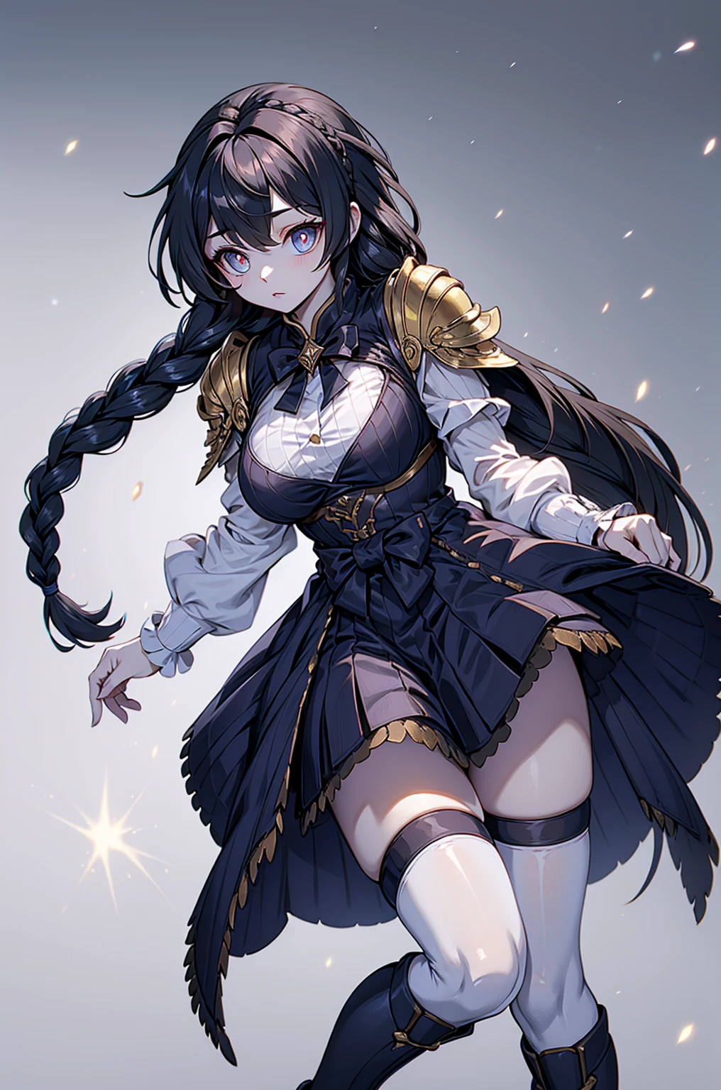 Correct body proportions，Golden ratio，braid，braid，braid，braid，Braid，单侧braid，单条braid，Dress，蓝色Dress，Blue skirt，Off-shoulder装，Off-shoulder，Black Hair，Black Hair，Golden Eyes，Golden pupils，Golden Eyes，Golden Eyes，Golden pupils，White lace trim，White knee socks，White garter stockings，White knee socks，White socks，White tights，White Silk，Waist，Waist，Waist，Black boots，Black boots，Sassy，Handsome，murderous，murderous，Vicious，cool girl，Mature girl，Busty girl，Fantasy style，Fantasy style，Close-up above the waist，Big breasts，Big breasts，Fantasy style，Dark Style，Gothic style