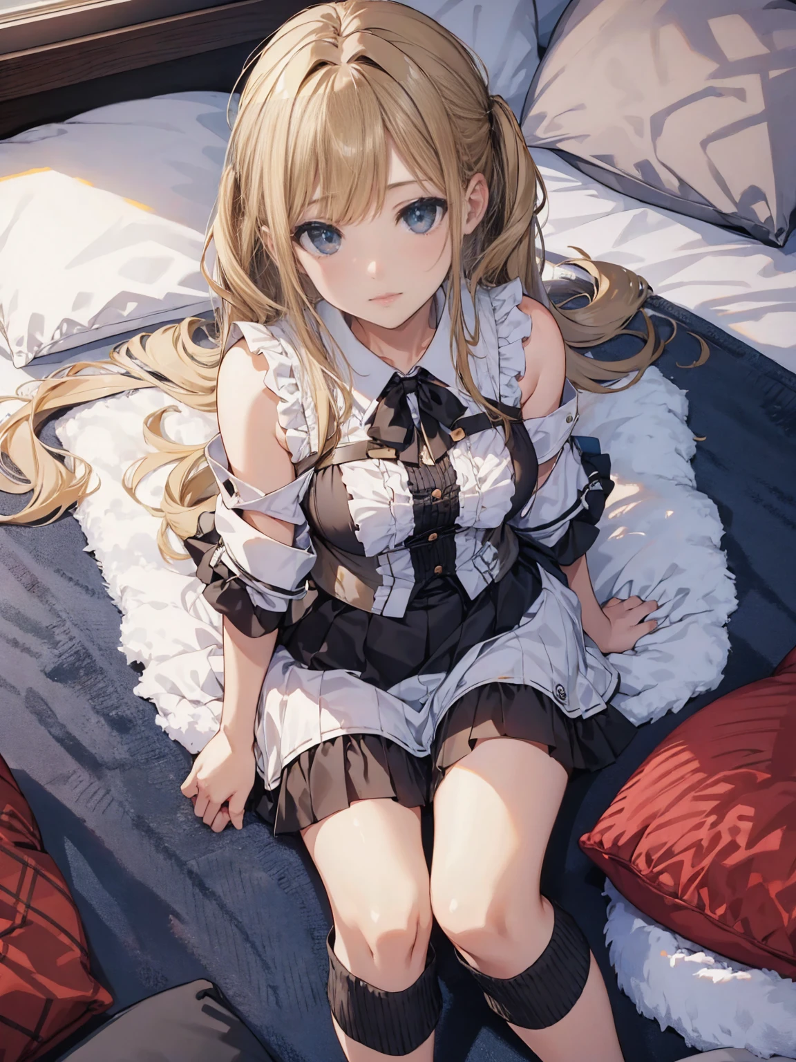 girl, (wariza:1.4), from above, sit, skirt, On the bed