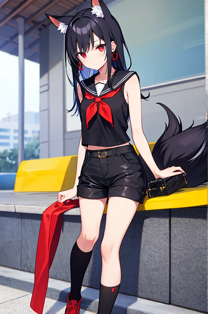 score_9、score_6_up、source_anime BREAK 1 girl、solo、Black Hair、Black Shirt、Black shorts、Striped Hair、Sleeveless、Red eyes、Red neckerchief、Thigh straps、Single knee socks、Ahoge、Earrings、Fox's Tail、Wicked Smile、Grin、Japanese Town、night