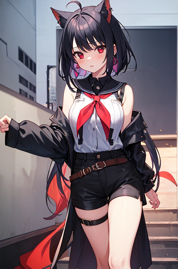 score_9、score_6_up、source_anime BREAK 1 girl、solo、Black Hair、Black Shirt、Black shorts、Striped Hair、Sleeveless、Red eyes、Red neckerchief、Thigh straps、Single knee socks、Ahoge、Earrings、Fox's Tail、Wicked Smile、Grin、Japanese Town、night