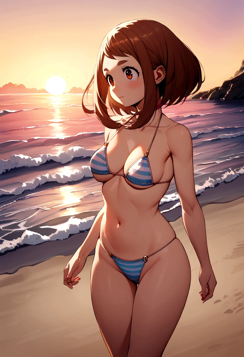 Ochako Uraraka, striped micro bikini, playa, sunrise