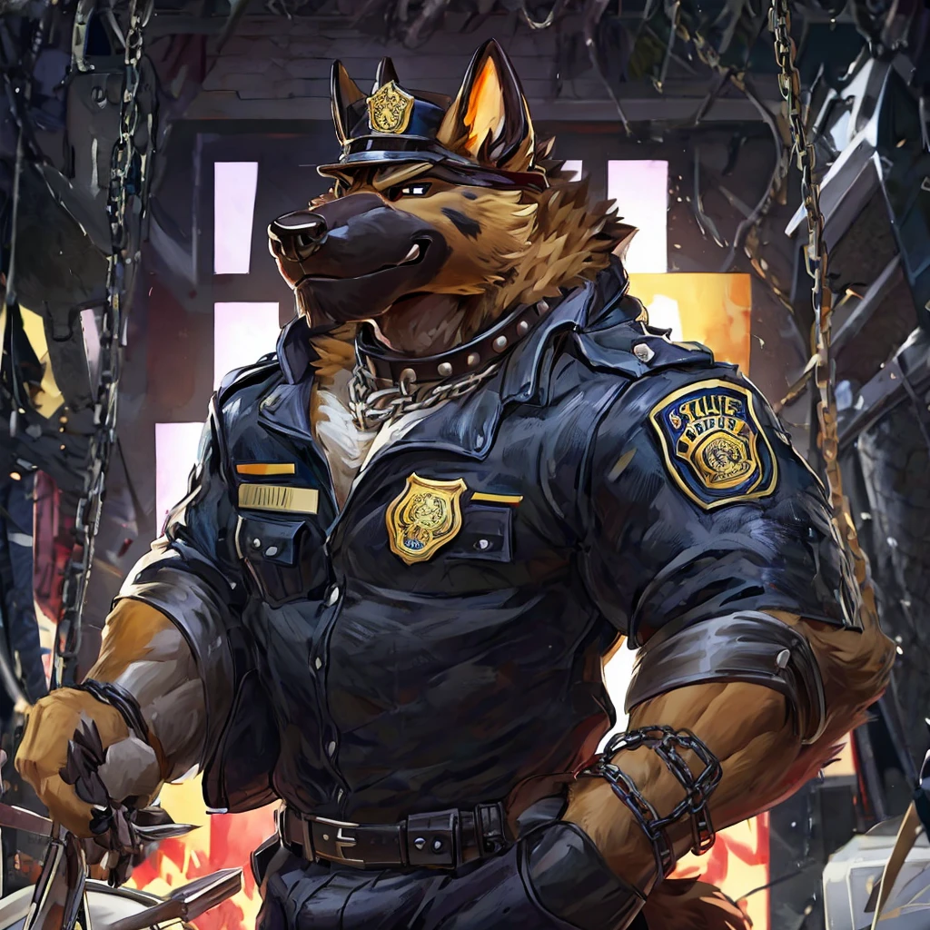 muscular male anthropomorphic german shepherd, black leather jacket, black leather collar, police badge, sliver chain