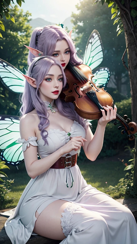 Irish woman, anime, modest, beautiful, high quality, night, 8k, long waist length light pale purple hair, green eyes, red lips, eyelashes, long victorian white dress, boots, elf ears, large colorful butterfly fairy wings, violin