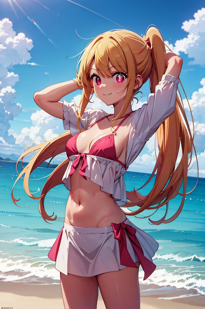 (masterpiece:1.3), (best quality:1.1), (8k, ultra detailed, ultra high res:1.2), (anime style:1.2), (perfect 5 fingers:1.1), perfect anatomy,
1girl,
Ruby Hoshino,
BREAK long hair, ponytail,
blonde hair,
red eyes, star-shaped pupils,
BREAK smile, fair skin, strings bikini, pink bikini,
BREAK looking at viewer, standing, shoot from front, arms up,
cowboy shot, natural light, outdoor, outside, sea, beach, sky, summer,