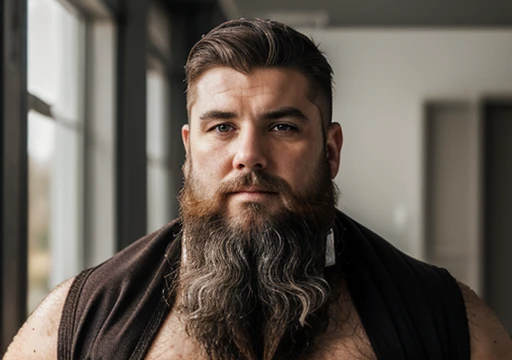 One Alexander Bain looking directly at camera lens, one close to face, best quality, highres, hires, skin definition, detailed skin, detailed deep caring eyes, Oscar Issac, Eddie Cibrian, Liam Neeson, Chris Hemsworth, Clark Gable, Esai Morales, George Clooney, detailed face, (Caucasian:1.5), lifelike, 4k, 8k, (photorealistic:1.5), realistic, uhd, a tall, ((short flowing 4 inch salt and pepper beard and hair)), wearing a cloak. The style of the image is fantastical and epic, with an air of wisdom and power emanating from the character. a man with long hair and a beard, long goatee beard, long white hair and beard, very attractive man with beard, bearded beautiful man, light beard, bearded man, gray hair and beard, man with beard, silver hair and beard, arab man light beard, handsome man, ๐(((He is very chubby and has a white Speedo, in a huge swimming room he wears no clothes, ))), Inside the spacecraft. Full body photography Full body photography ))), Inside the spacecraft.