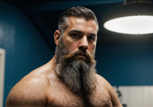 One Alexander Bain looking directly at camera lens, one close to face, best quality, highres, hires, skin definition, detailed skin, detailed deep caring eyes, Oscar Issac, Eddie Cibrian, Liam Neeson, Chris Hemsworth, Clark Gable, Esai Morales, George Clooney, detailed face, (Caucasian:1.5), lifelike, 4k, 8k, (photorealistic:1.5), realistic, uhd, a tall, ((short flowing 4 inch salt and pepper beard and hair)), wearing a cloak. The style of the image is fantastical and epic, with an air of wisdom and power emanating from the character. a man with long hair and a beard, long goatee beard, long white hair and beard, very attractive man with beard, bearded beautiful man, light beard, bearded man, gray hair and beard, man with beard, silver hair and beard, arab man light beard, handsome man, 😘(((He is very chubby and has a white Speedo, in a huge swimming room he wears no clothes, ))), Inside the spacecraft. Full body photography Full body photography ))), Inside the spacecraft.