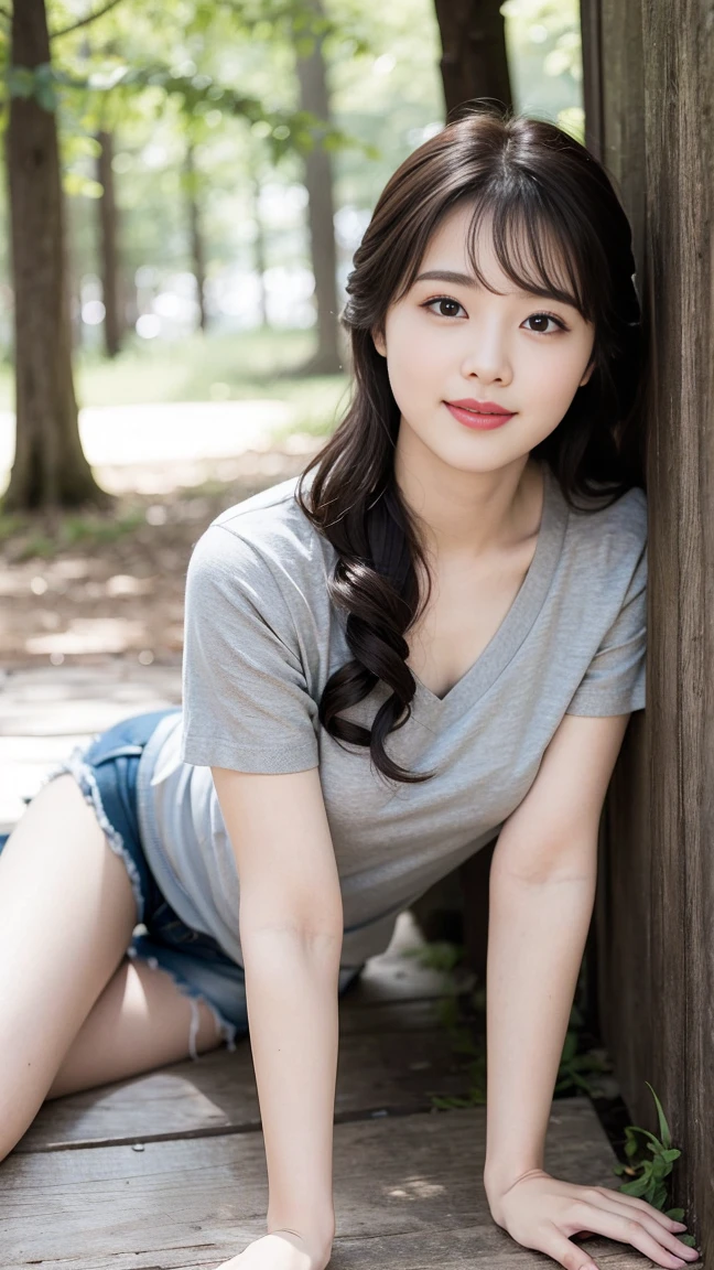 masterpiece, best quality, Surreal, Ultra Detailed, 8k resolution, RAW photos, Clear focus, (A girl in the forest), ((light gray shirt:1.1)), Short sleeve, sports Shorts,Full body posture, Solitary, Perfect body, Become a, Bangs to eyebrows、Beautiful brown hair、Beautiful and delicate eyes、Brown eyes、Raise an eyebrow、High Nose、Small nostril、Little mouth、Tempting lips、Mouth slightly open、Beautiful breasts、Full body、Oval face, Both eyes, Both eyes皮, Long eyebrows, Long eyelashes, A faint smile, 32 inches in the chest,(a charming smile:1), (sexy pose),26 years old, light,White shoes