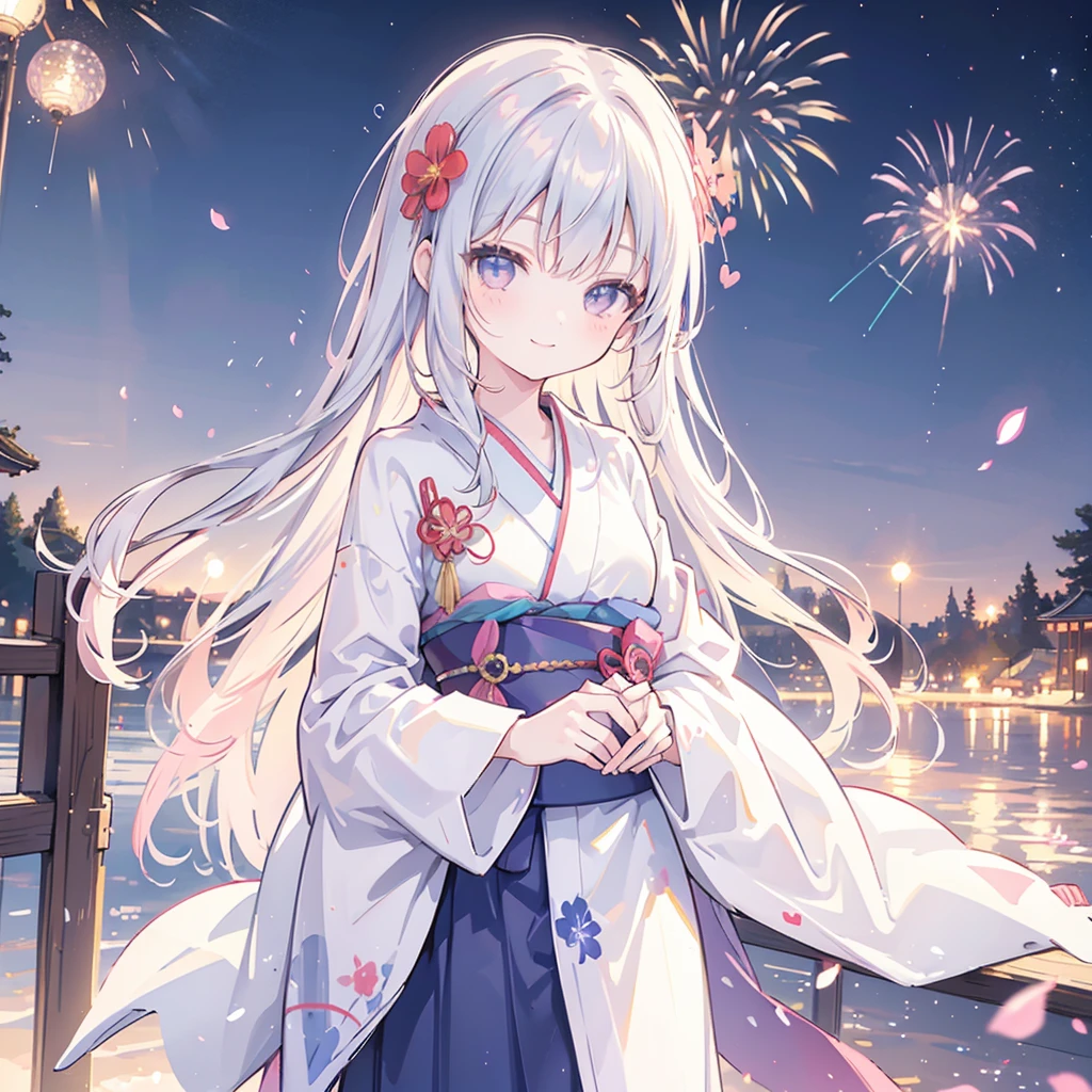 Couple,(Boy 1:Girl 1)Lovely,smile,Fleeting,romantic,atmosphere,landscape,The girl is wearing a kimono,Holding hands,Beautiful fireworks in the night sky,Lots of fireworks,Beautiful night sky,summer祭り,summer,Festivals,youth,Heart-pounding