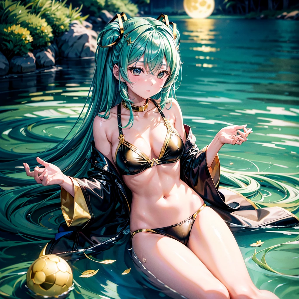 Miku Nakano lying on the grass on the banks of a lagoon ( is looking at the sky), in black underwear with gold edges, Shiny golden hair, 2 horns equal to GOLDEN MOON from free fire, black eyes, provocative face