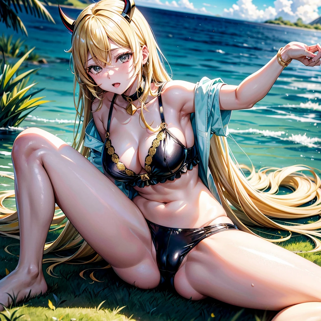 Miku Nakano lying on the grass on the banks of a lagoon ( is looking at the sky), in black underwear with gold edges, Shiny golden hair, 2 horns equal to GOLDEN MOON from free fire, black eyes, provocative face