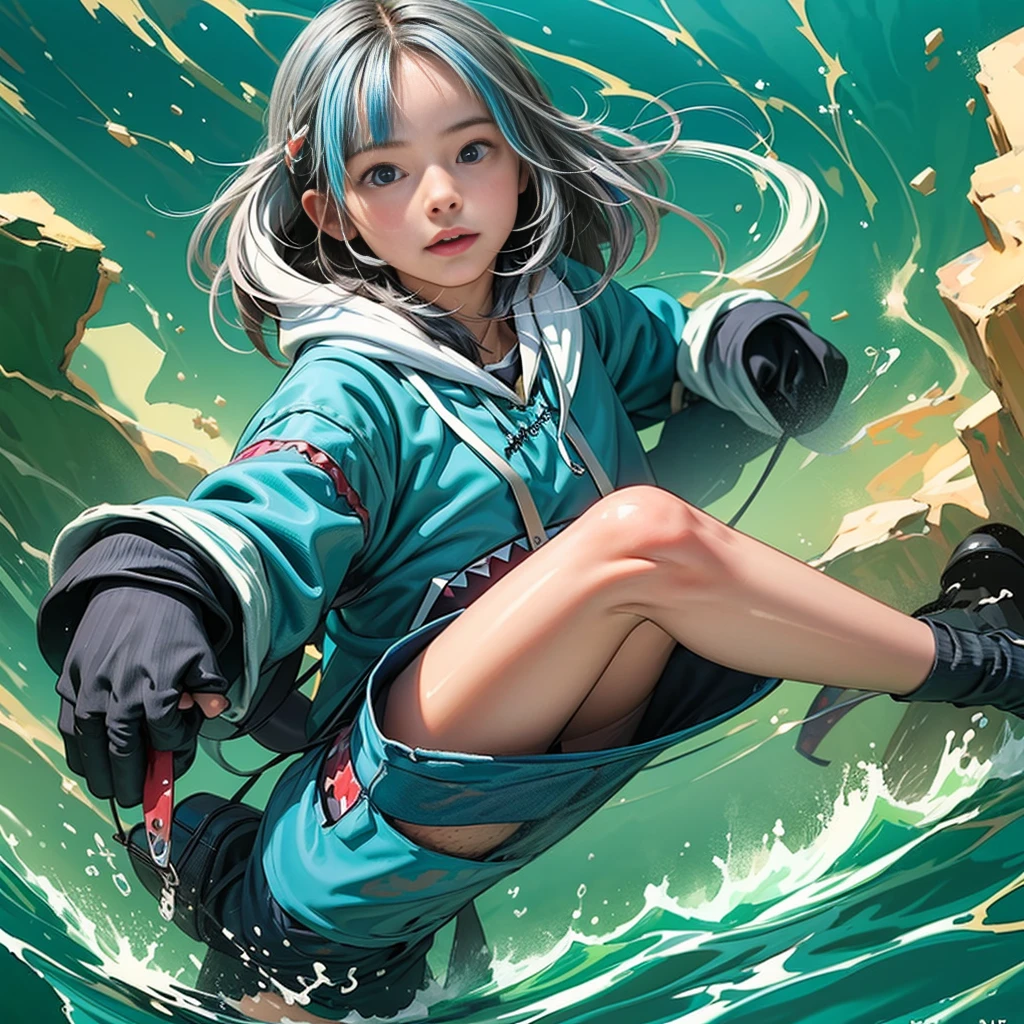 ((gawr gura, gura hoodie ,blue hoodie, shark hood))、(Light blue eyes＿Light blue mesh on gray hair:1.9＿Beautiful girl jumping into the sea)、Big splash、Mischievous look、Dramatic Sunset、Detailed face and eyes、Flowing Hair、beautifully detailed costumes、calm ocean landscape、Golden Hour Lighting、Photorealistic、8K、A highly detailed masterpiece
